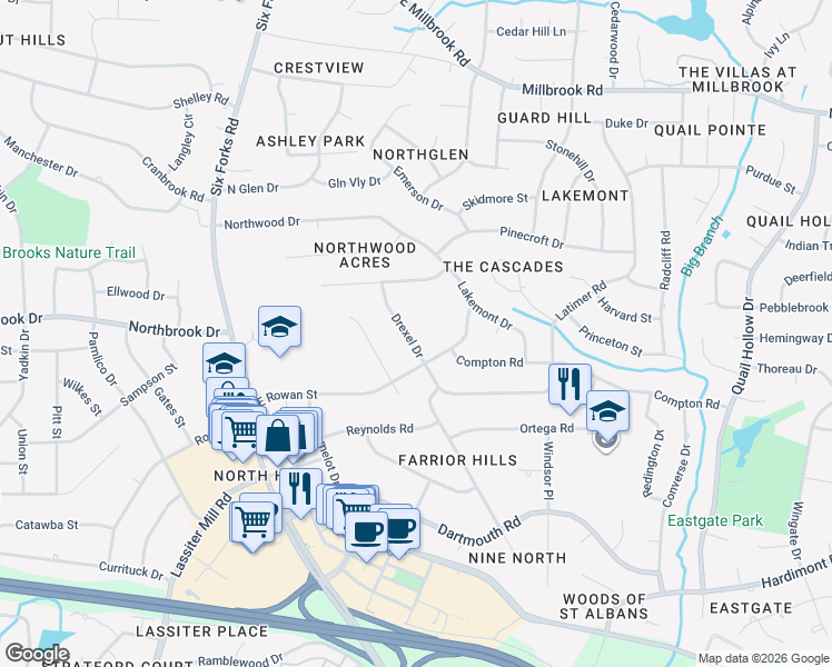 map of restaurants, bars, coffee shops, grocery stores, and more near 4605 Huntington Court in Raleigh