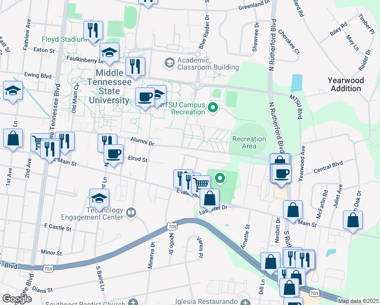 map of restaurants, bars, coffee shops, grocery stores, and more near 1821 Ragland Avenue in Murfreesboro