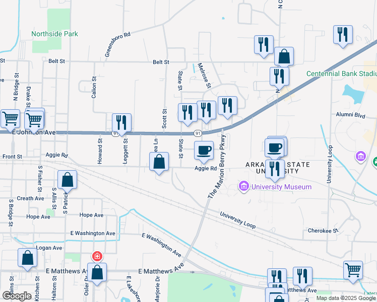 map of restaurants, bars, coffee shops, grocery stores, and more near 1813 Eldridge Street in Jonesboro