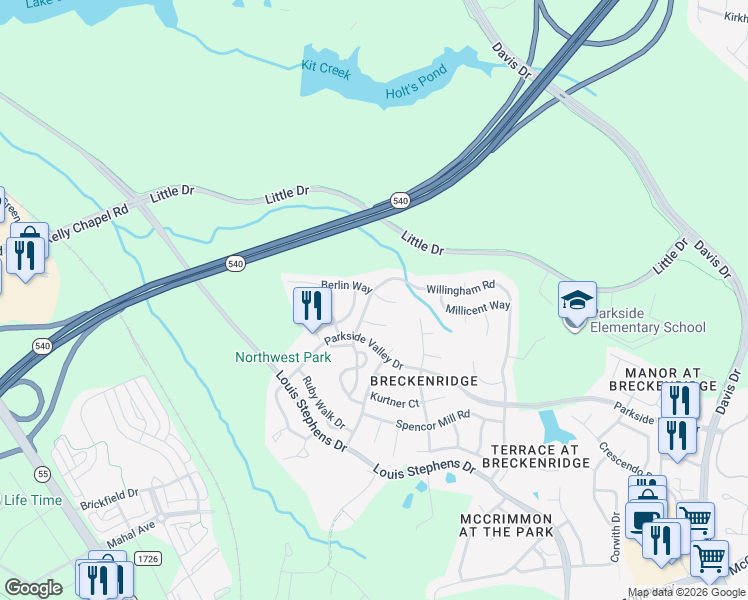 map of restaurants, bars, coffee shops, grocery stores, and more near 801 Willingham Road in Morrisville