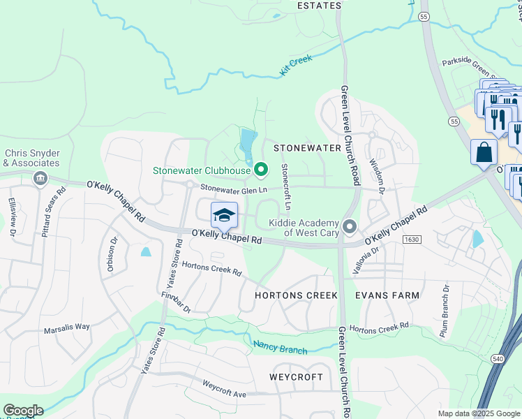 map of restaurants, bars, coffee shops, grocery stores, and more near 508 Panorama Park Place in Cary