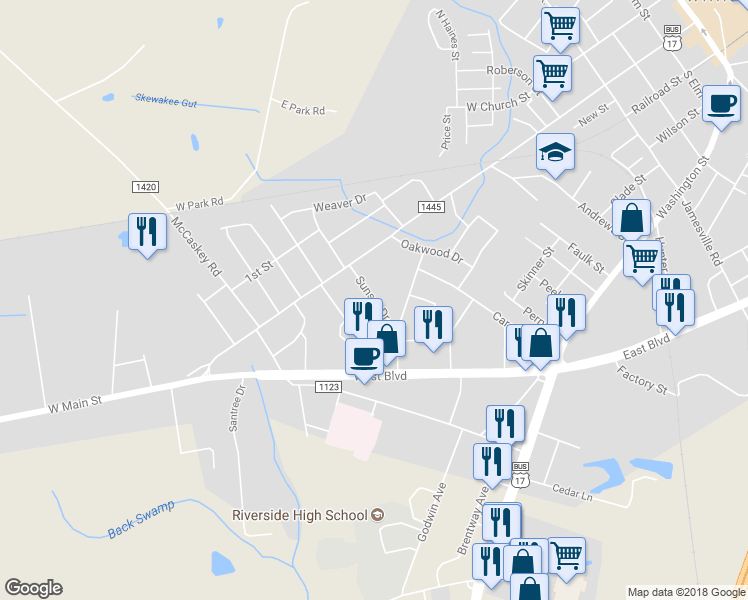 map of restaurants, bars, coffee shops, grocery stores, and more near 198 Sunset Drive in Williamston