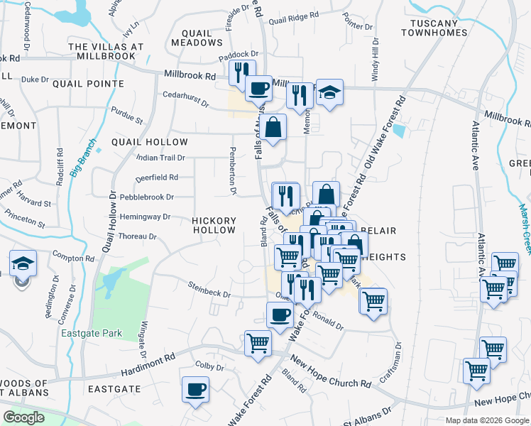 map of restaurants, bars, coffee shops, grocery stores, and more near 4605 Falls of Neuse Road in Raleigh