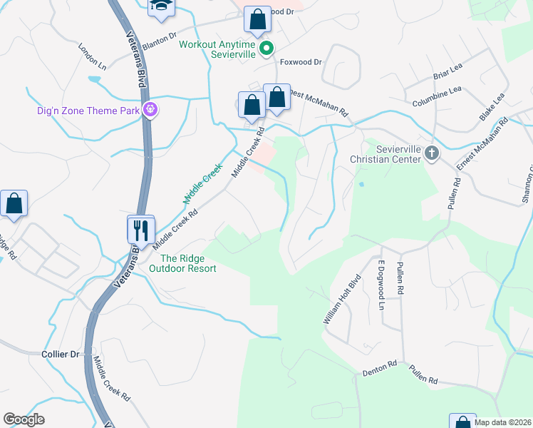 map of restaurants, bars, coffee shops, grocery stores, and more near 1038 Fine Glen Drive in Sevierville