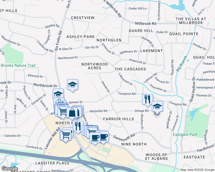 map of restaurants, bars, coffee shops, grocery stores, and more near 4605 Huntington Court in Raleigh