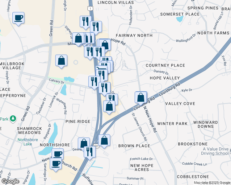 map of restaurants, bars, coffee shops, grocery stores, and more near 3115 Calvary Drive in Raleigh