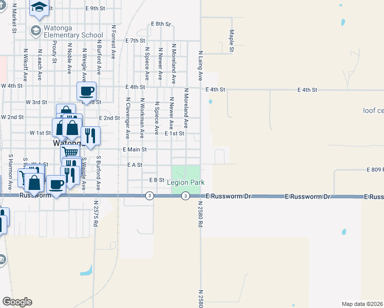 map of restaurants, bars, coffee shops, grocery stores, and more near 910 East Main Street in Watonga