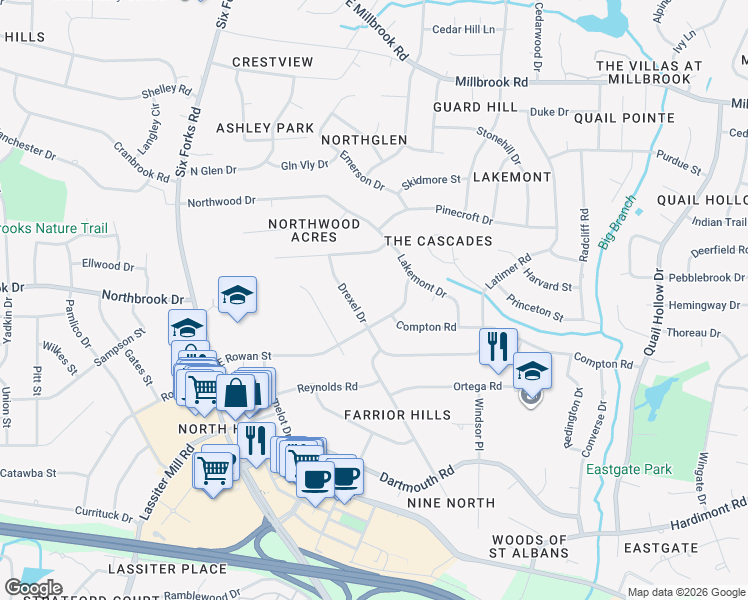 map of restaurants, bars, coffee shops, grocery stores, and more near 4605 Huntington Court in Raleigh