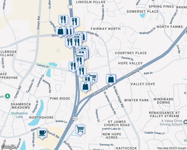 map of restaurants, bars, coffee shops, grocery stores, and more near 3131 Calvary Drive in Raleigh