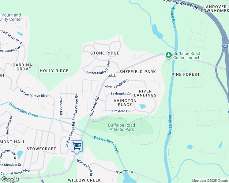 map of restaurants, bars, coffee shops, grocery stores, and more near 6129 Saybrooke Drive in Raleigh