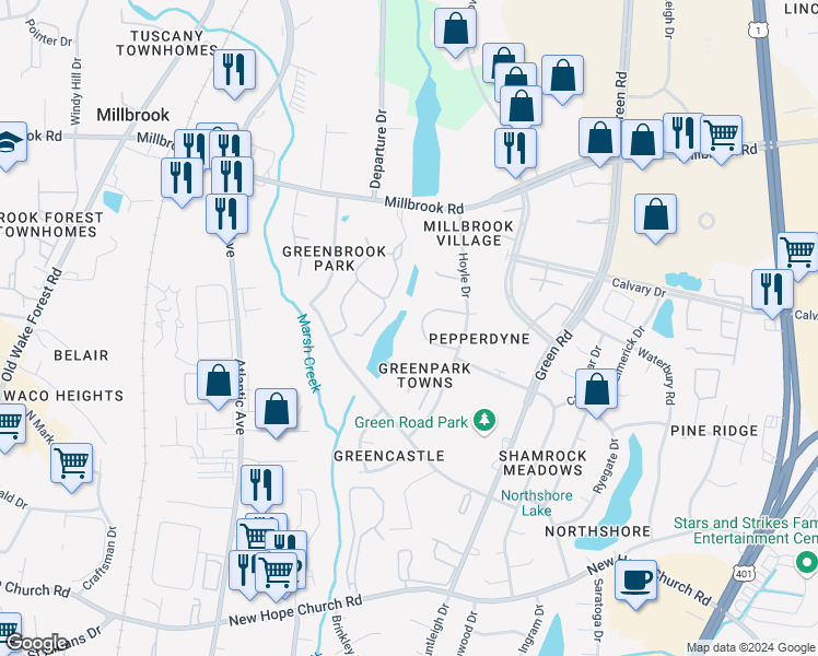 map of restaurants, bars, coffee shops, grocery stores, and more near 4721 Matt Drive in Raleigh