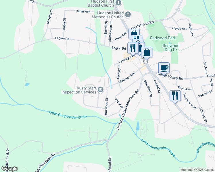 map of restaurants, bars, coffee shops, grocery stores, and more near 579 Boxwood Street in Hudson