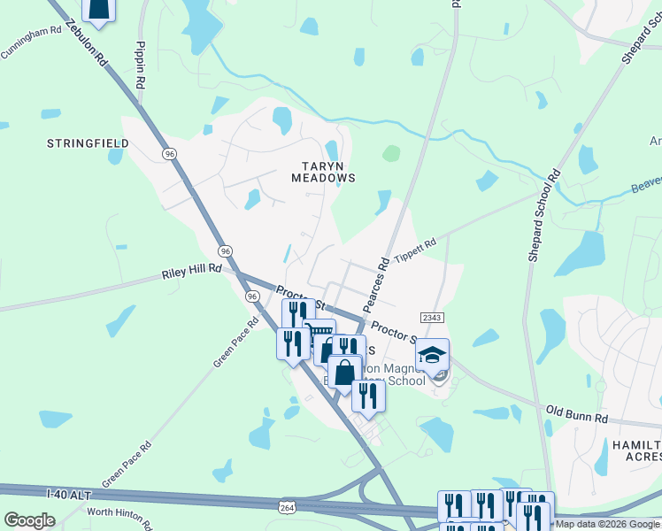map of restaurants, bars, coffee shops, grocery stores, and more near 3007 Wild Iris Drive in Zebulon