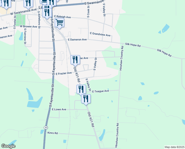 map of restaurants, bars, coffee shops, grocery stores, and more near 625 South Valley Street in Liberty