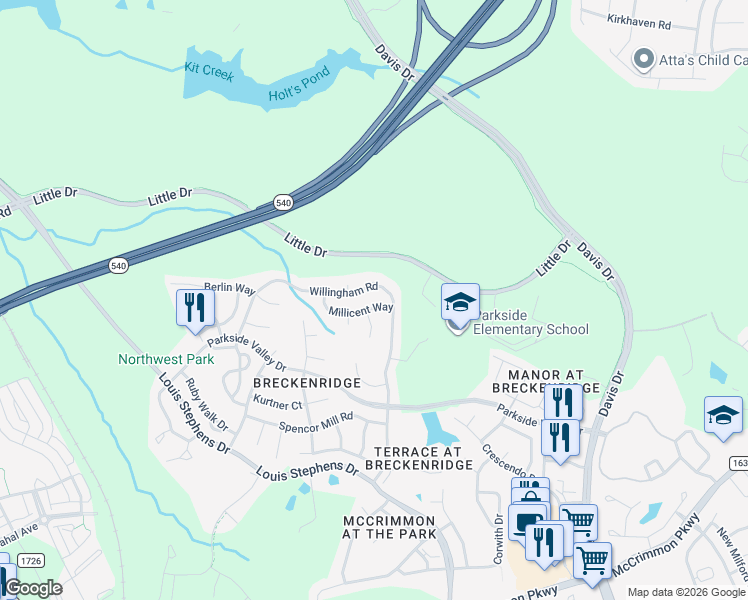 map of restaurants, bars, coffee shops, grocery stores, and more near 200 Millicent Way in Morrisville