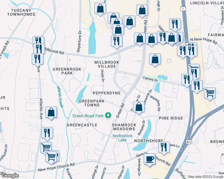 map of restaurants, bars, coffee shops, grocery stores, and more near 4305 Presley Court in Raleigh