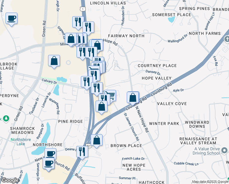 map of restaurants, bars, coffee shops, grocery stores, and more near 3139 Calvary Drive in Raleigh