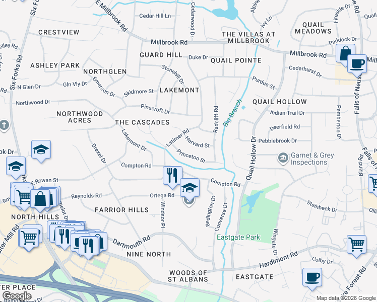 map of restaurants, bars, coffee shops, grocery stores, and more near 531 Princeton Street in Raleigh