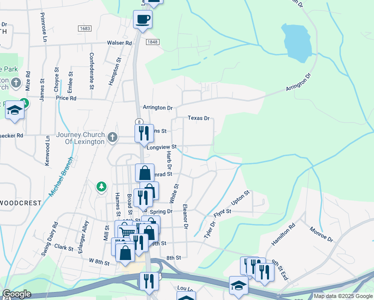 map of restaurants, bars, coffee shops, grocery stores, and more near 1317 White Street in Lexington