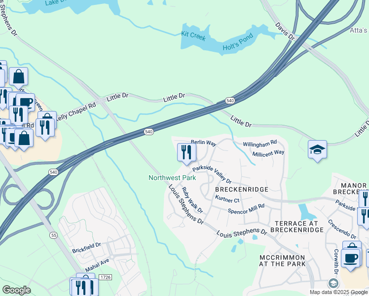 map of restaurants, bars, coffee shops, grocery stores, and more near 106 Apricot Circle in Morrisville