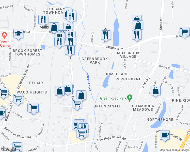 map of restaurants, bars, coffee shops, grocery stores, and more near 4700 Brockton Drive in Raleigh