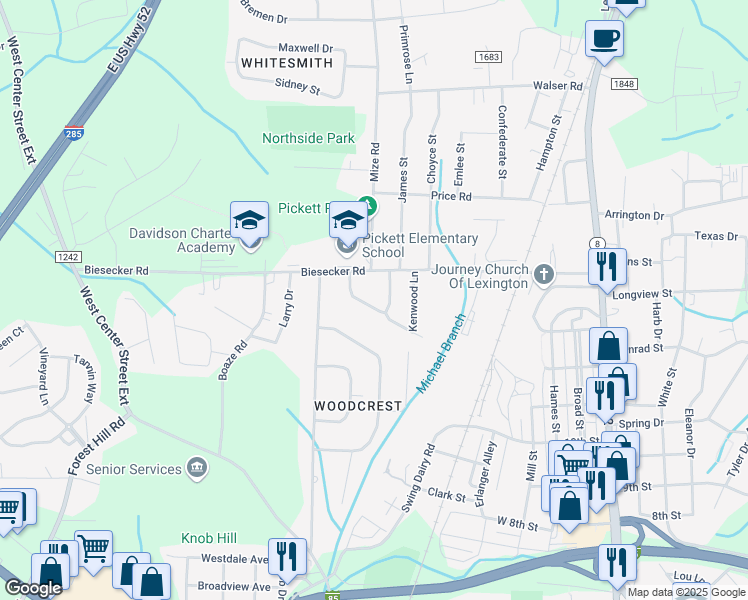 map of restaurants, bars, coffee shops, grocery stores, and more near 127 Willowbrook Circle in Lexington