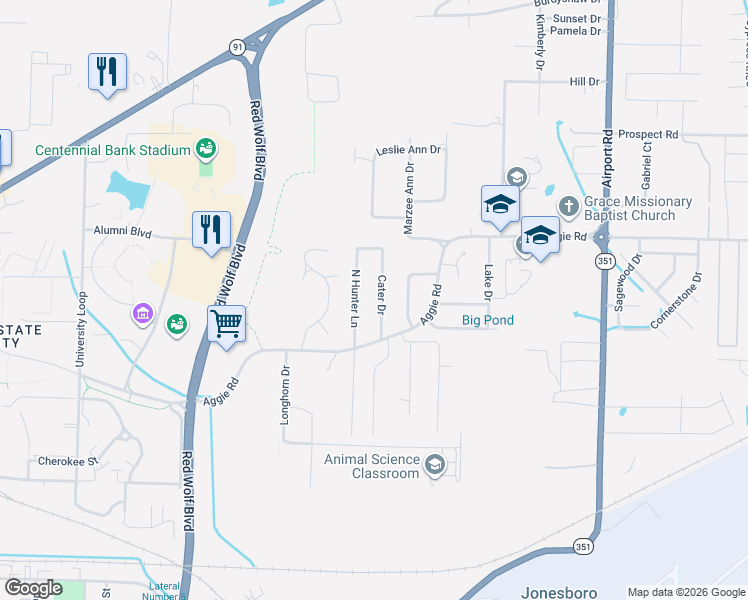 map of restaurants, bars, coffee shops, grocery stores, and more near 109 Cater Drive in Jonesboro