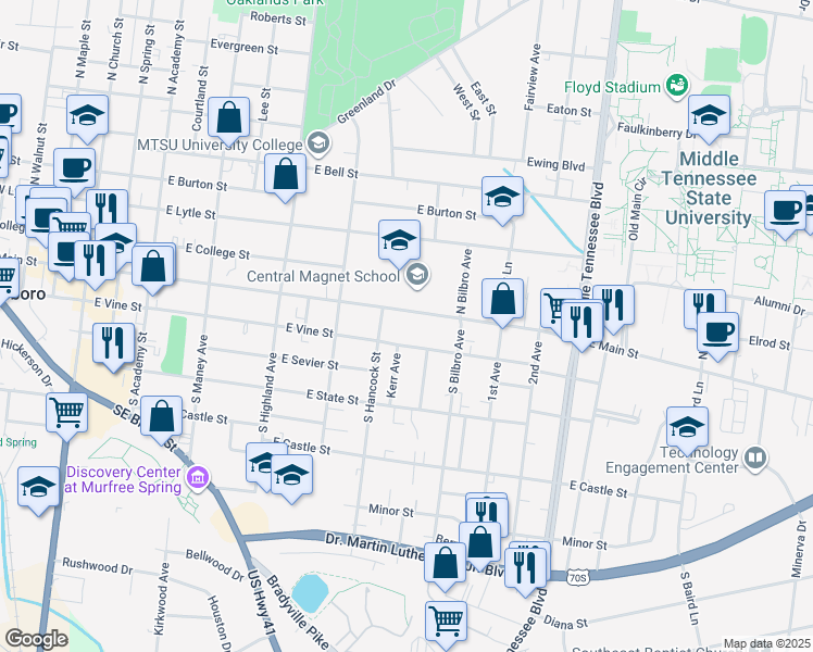 map of restaurants, bars, coffee shops, grocery stores, and more near 730 East Main Street in Murfreesboro