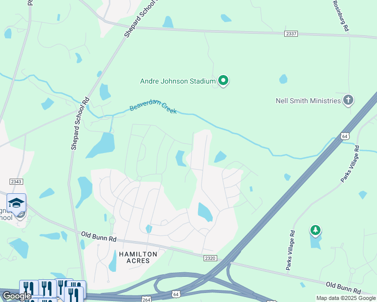 map of restaurants, bars, coffee shops, grocery stores, and more near 757 Mirror Pond Drive in Zebulon