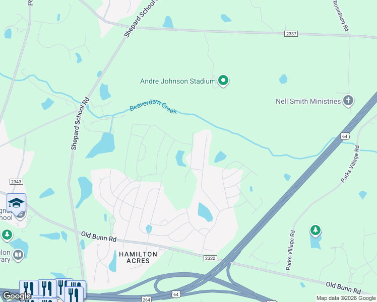 map of restaurants, bars, coffee shops, grocery stores, and more near 757 Mirror Pond Drive in Zebulon