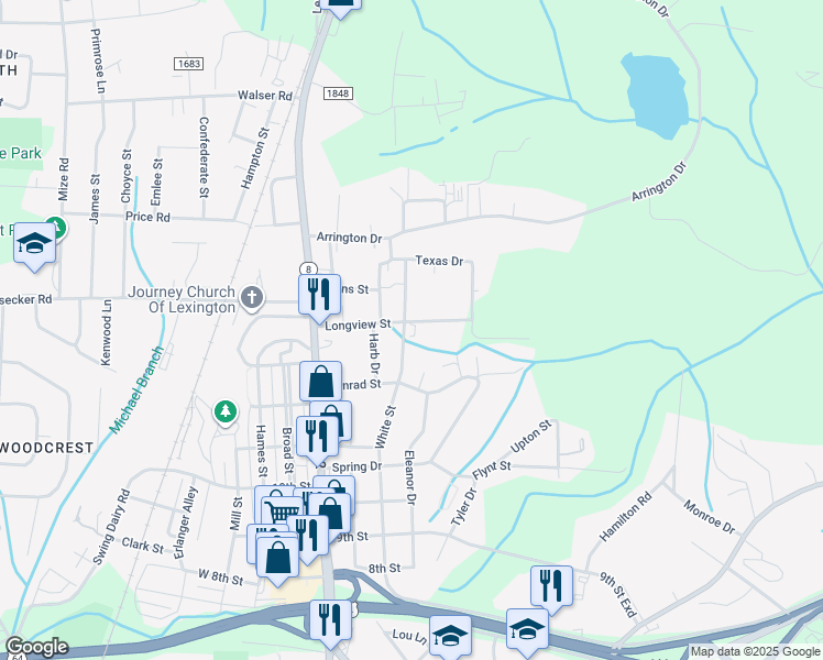 map of restaurants, bars, coffee shops, grocery stores, and more near 1317 White Street in Lexington