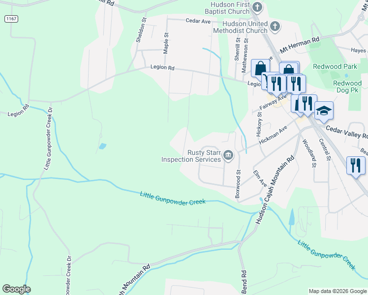 map of restaurants, bars, coffee shops, grocery stores, and more near 568 Sanford Gragg Road in Hudson