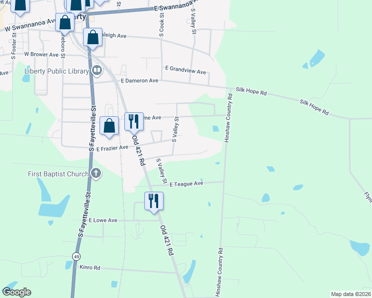 map of restaurants, bars, coffee shops, grocery stores, and more near 557E East Ridge Avenue in Liberty