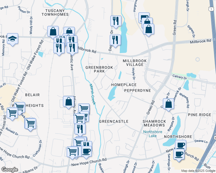 map of restaurants, bars, coffee shops, grocery stores, and more near 4613 Grinding Stone Drive in Raleigh