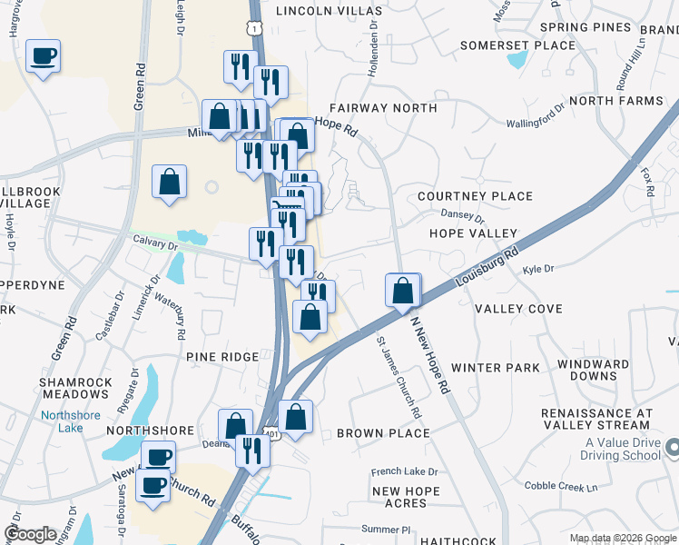 map of restaurants, bars, coffee shops, grocery stores, and more near 3115 Calvary Drive in Raleigh
