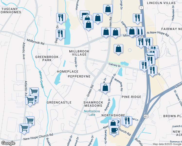 map of restaurants, bars, coffee shops, grocery stores, and more near 4500 Hargrove Road in Raleigh
