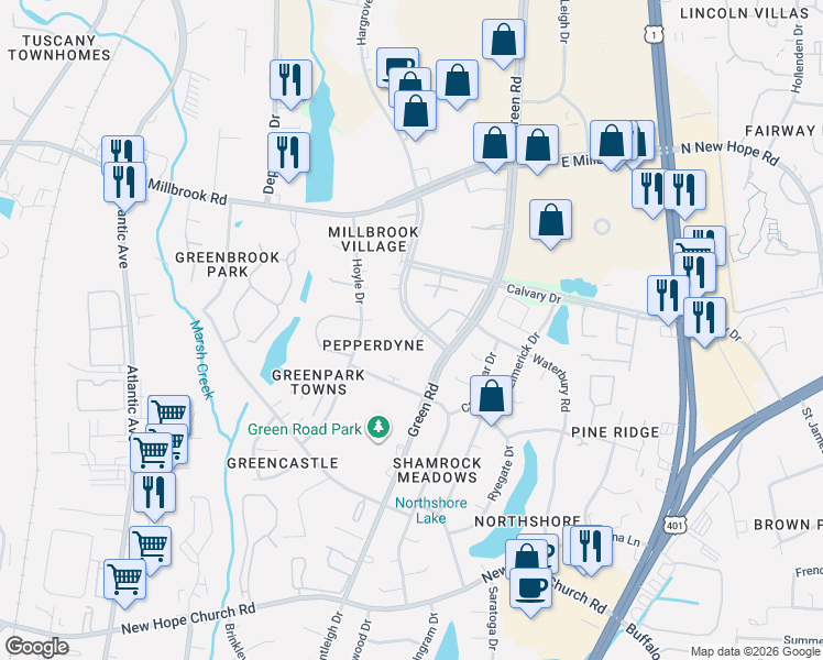 map of restaurants, bars, coffee shops, grocery stores, and more near 4305 Presley Court in Raleigh