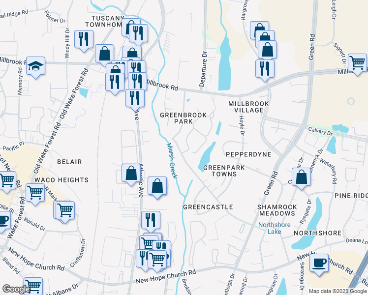 map of restaurants, bars, coffee shops, grocery stores, and more near 4607 Grinding Stone Drive in Raleigh