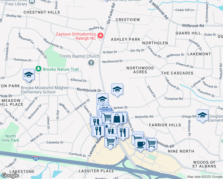 map of restaurants, bars, coffee shops, grocery stores, and more near 4700 Homewood Court in Raleigh