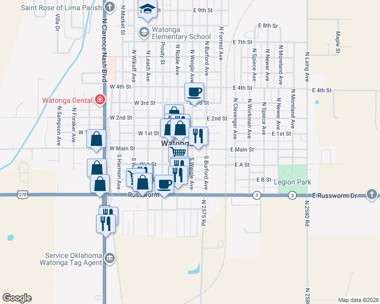 map of restaurants, bars, coffee shops, grocery stores, and more near 120 East Main Street in Watonga