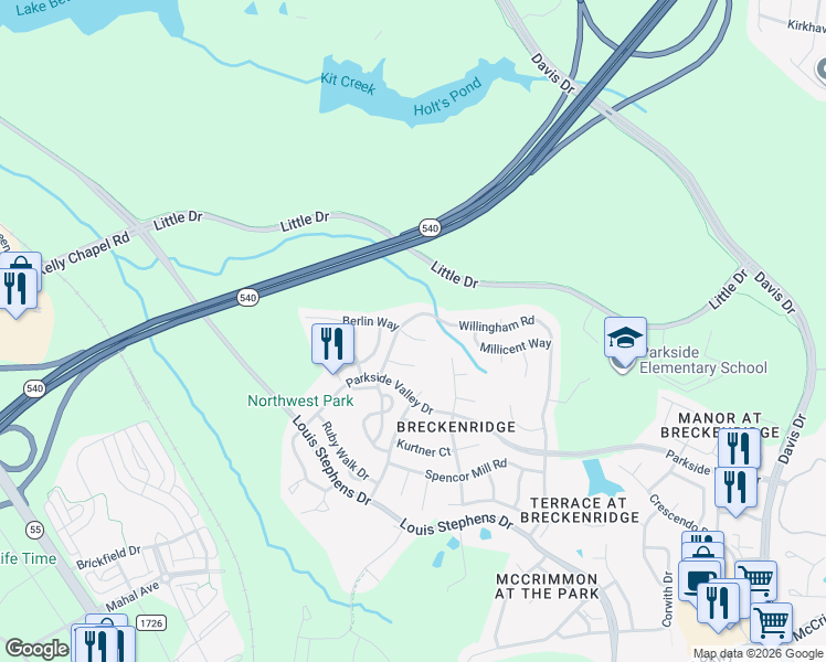 map of restaurants, bars, coffee shops, grocery stores, and more near 801 Willingham Road in Morrisville