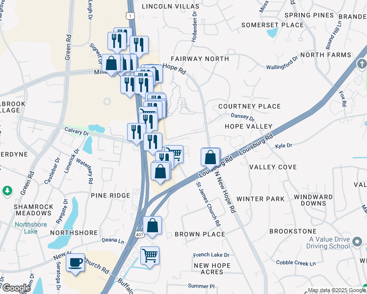 map of restaurants, bars, coffee shops, grocery stores, and more near 3131 Calvary Drive in Raleigh