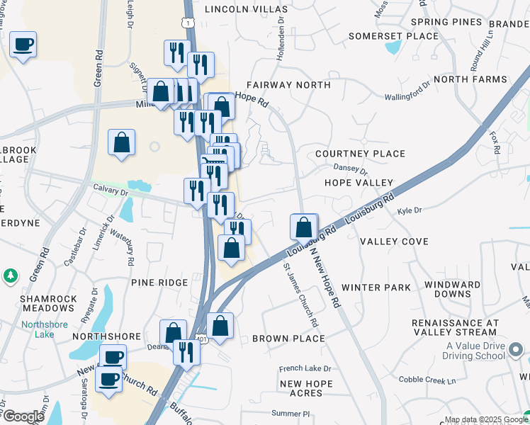 map of restaurants, bars, coffee shops, grocery stores, and more near 3131 Calvary Drive in Raleigh