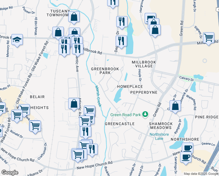 map of restaurants, bars, coffee shops, grocery stores, and more near 4607 Grinding Stone Drive in Raleigh