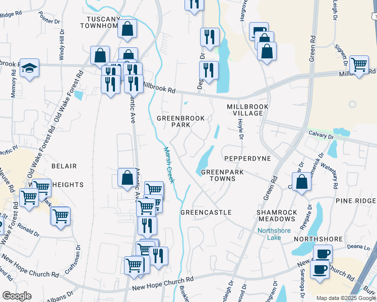 map of restaurants, bars, coffee shops, grocery stores, and more near 4602 Millstone Drive in Raleigh