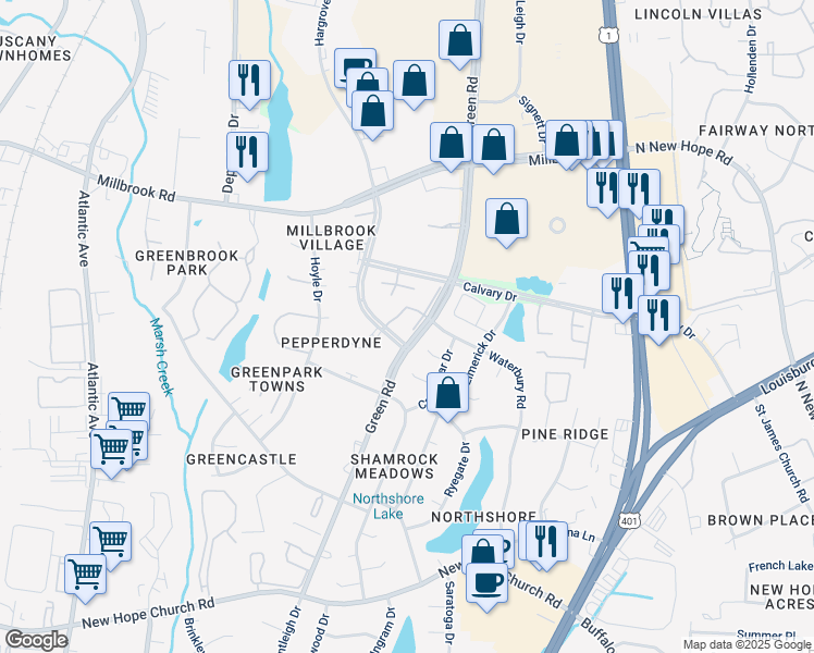 map of restaurants, bars, coffee shops, grocery stores, and more near 4401 Green Road in Raleigh