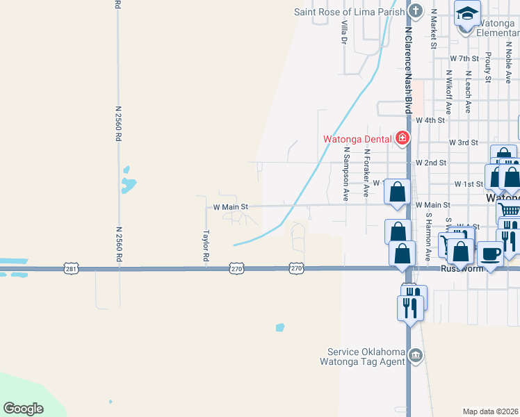 map of restaurants, bars, coffee shops, grocery stores, and more near 191B RR 1 in Watonga