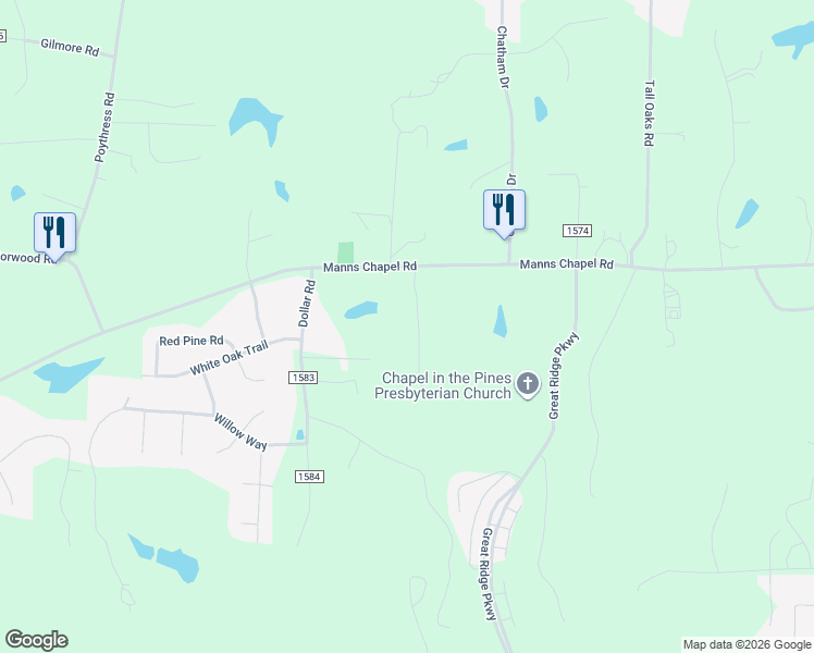 map of restaurants, bars, coffee shops, grocery stores, and more near 150 Bonterra Way in Chapel Hill