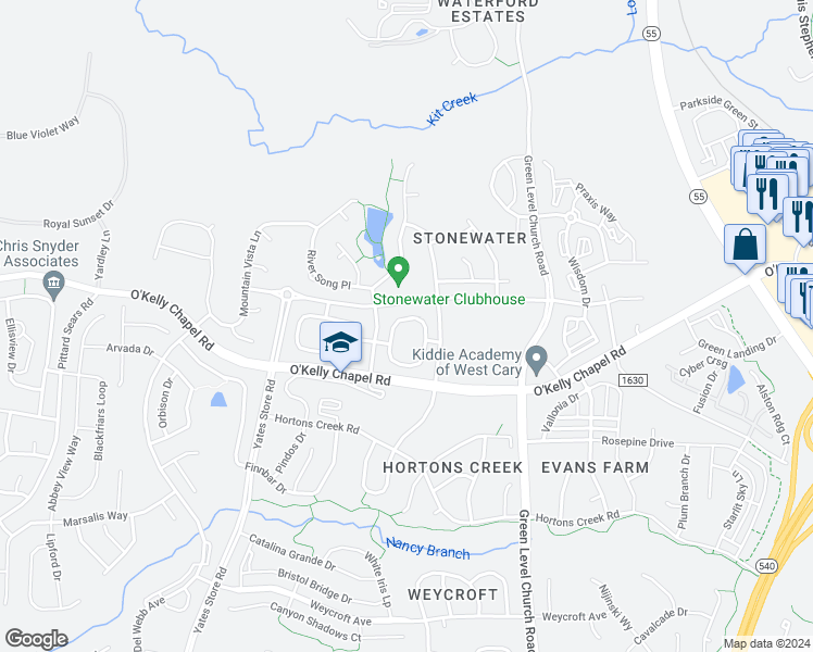 map of restaurants, bars, coffee shops, grocery stores, and more near 532 Panorama Park Place in Cary