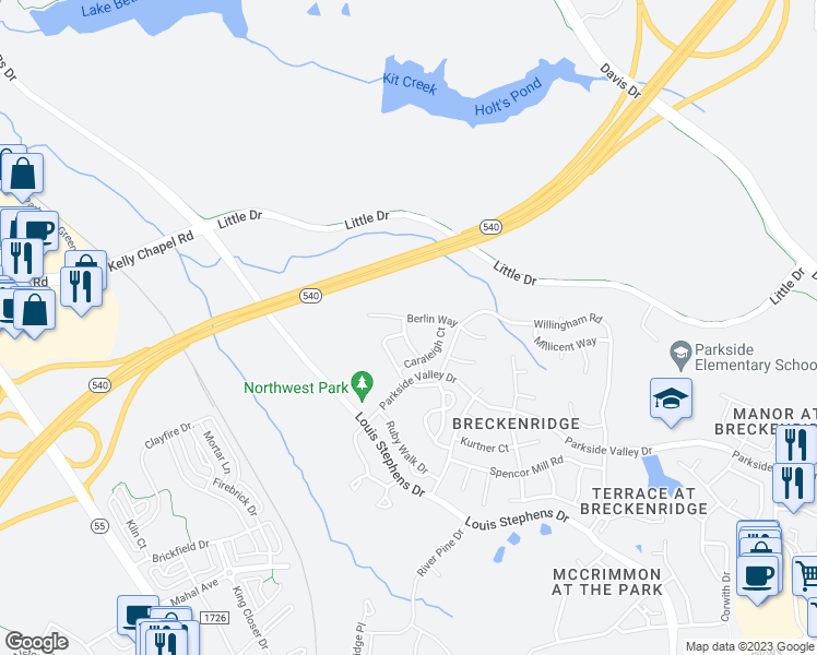 map of restaurants, bars, coffee shops, grocery stores, and more near 208 Whitney Oaks Lane in Morrisville